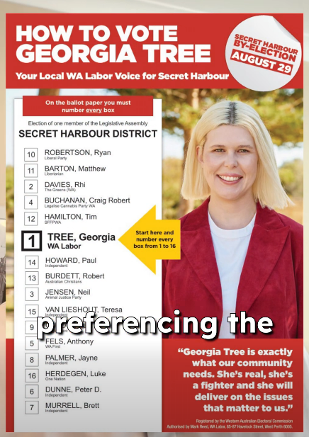 Labor's registered how-to-vote card for Georgia Tree in Secret Harbour, showing all sixteen candidates, with MURRELL, Brett preferenced at number 7.