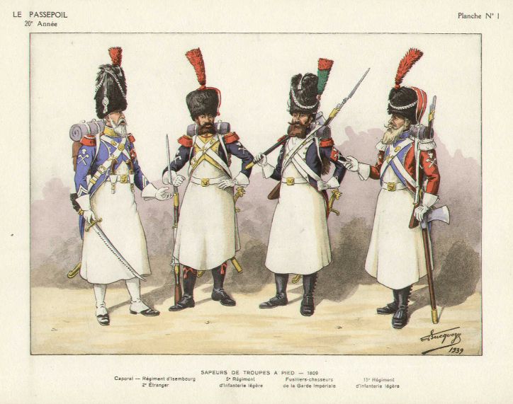 Illustrated plate of four Napoleonic-era sapeurs in aprons and bearskins, carrying axes and muskets.