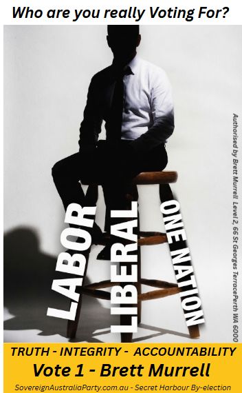 Campaign poster: a figure seated on a three-legged stool, the legs labelled Labor, Liberal and One Nation, above the words Who are you really voting for?