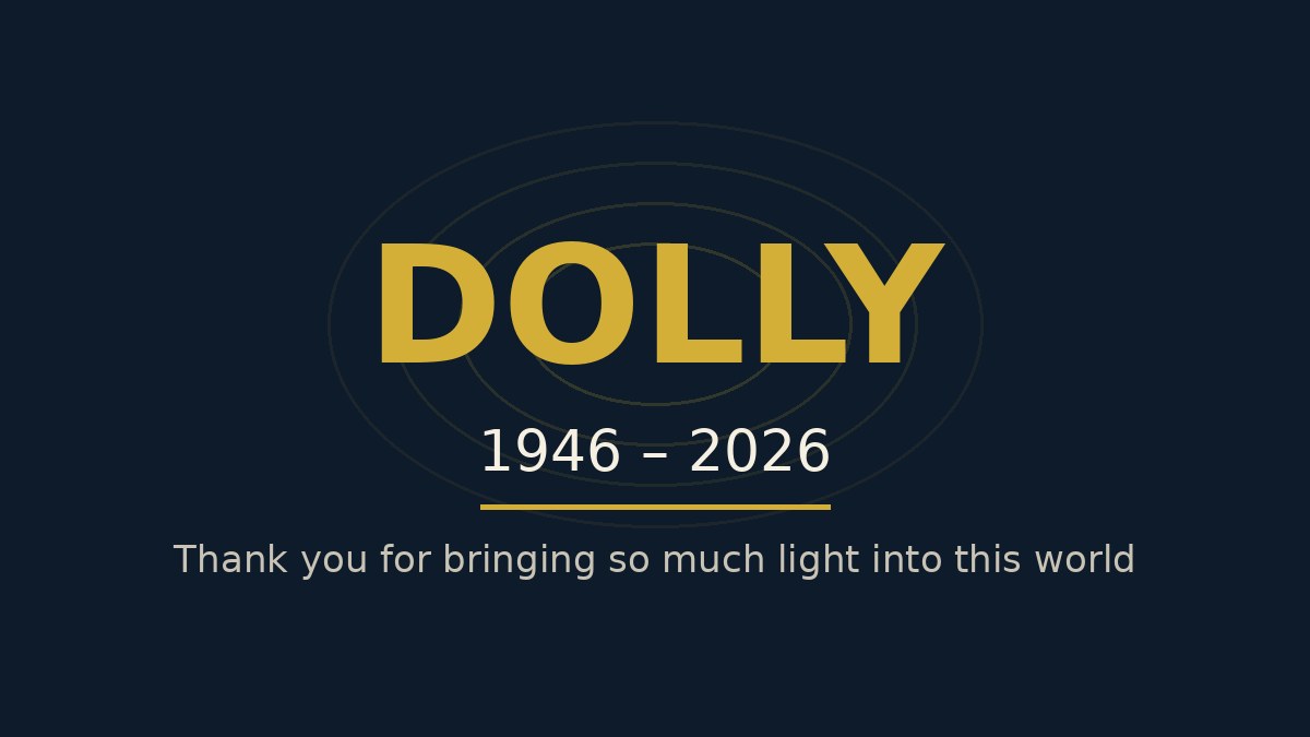 Tribute card: DOLLY, 1946 to 2026 — thank you for bringing so much light into this world.