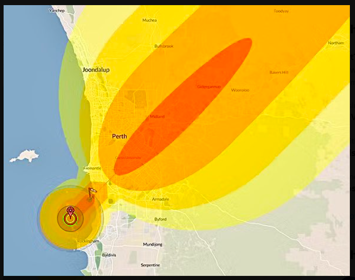 A modelled strike map centred on the Garden Island naval base near Rockingham, with blast and fallout zones reaching across Perth.