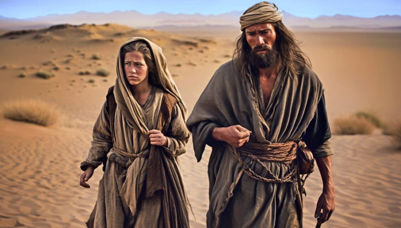 Illustration of Abraham and Hagar in worn desert robes, walking together across open sand under a pale sky.