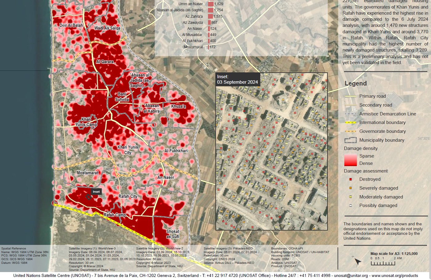 Southern section of the same UNOSAT map covering Khan Yunis, Rafah and Deir Al-Balah, with an inset showing individual buildings marked destroyed or severely damaged.