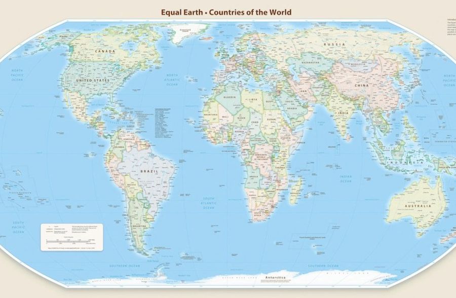 The Equal Earth projection world map, Countries of the World, showing every continent at its true relative area with Africa markedly larger than on a Mercator map.