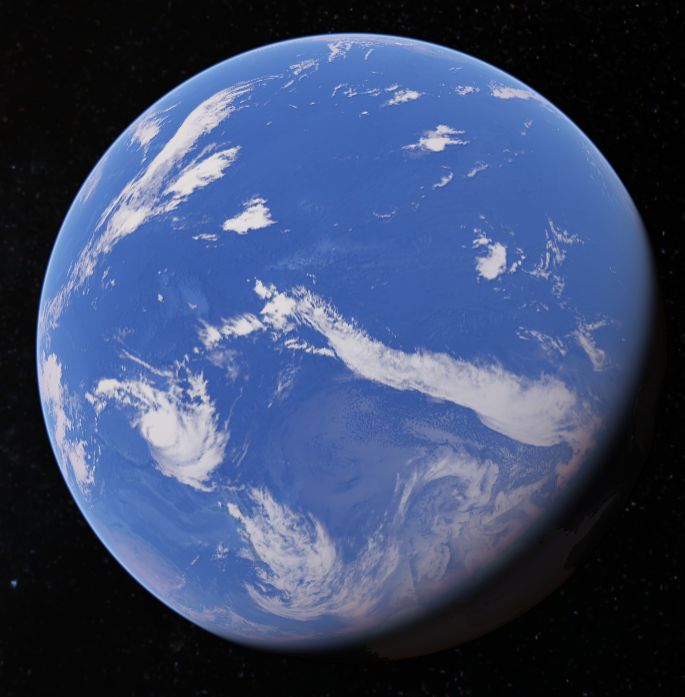 Satellite view of the globe showing the Pacific hemisphere: almost the entire face is open ocean, with cloud bands and a sliver of land at the edges.
