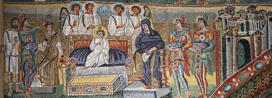 Triumphal arch mosaic: the child enthroned on a jewelled cushion with four angels behind, a veiled woman seated to the right, and two figures in eastern dress bringing dishes of gifts, a walled city at the edge.
