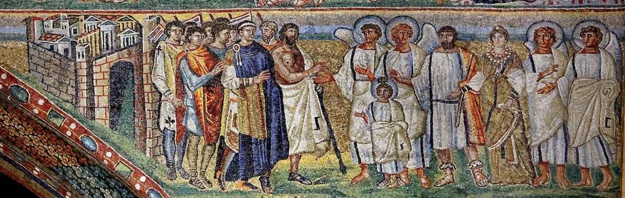 Triumphal arch mosaic: a procession of officials emerging from a walled city meets a bearded figure with a staff, with angels, a richly dressed woman and a haloed child to the right.