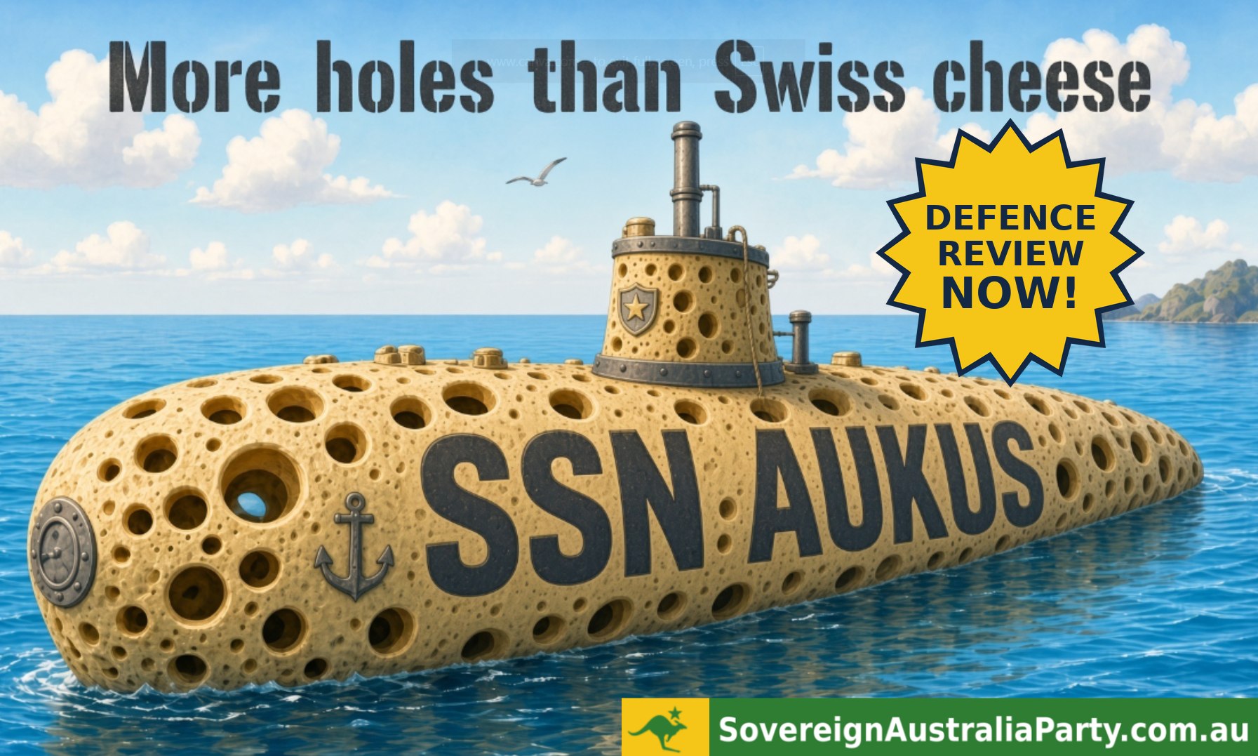 Campaign graphic: a submarine made of Swiss cheese, riddled with holes, marked SSN AUKUS, under the headline More holes than Swiss cheese. A gold star badge reads Defence Review Now.